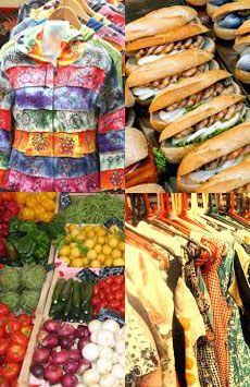 market images of clothes, fruit, veg, street food, sandwiches